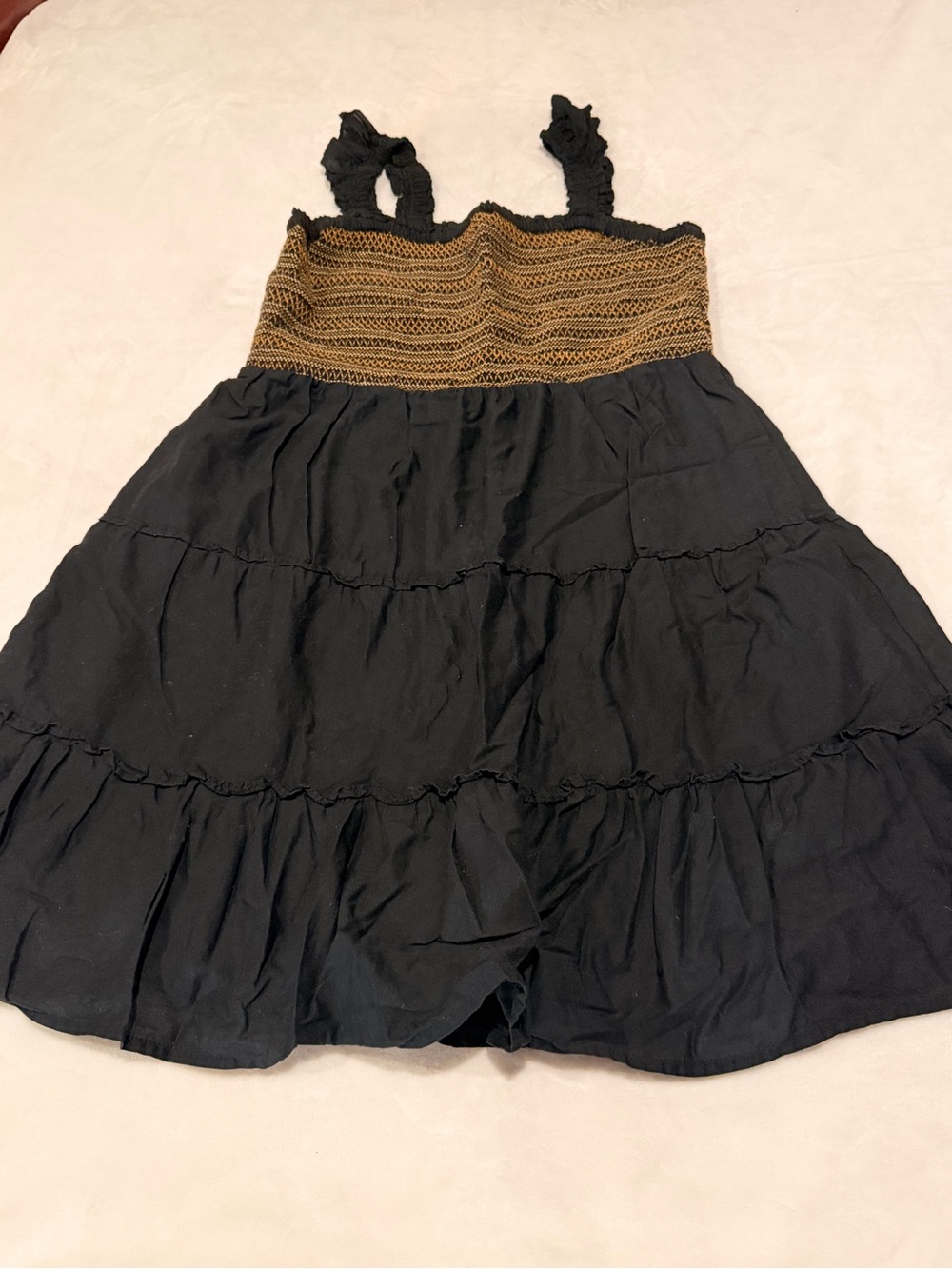 J. Crew Black Tiered Dress with Brown Smocked Bodice